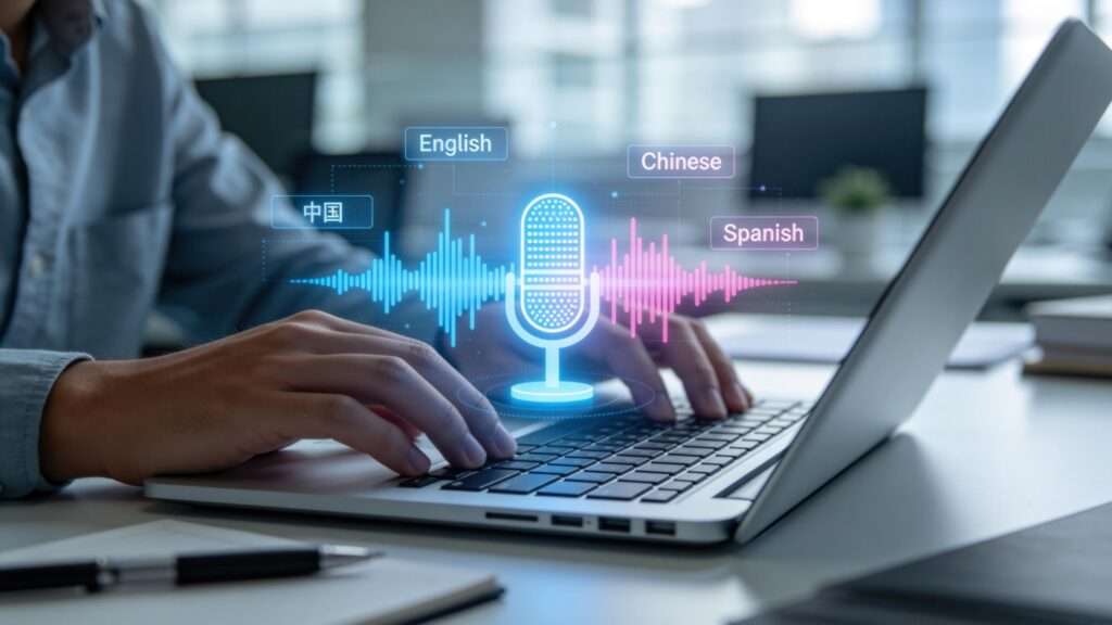 AI powered voice translation interface on laptopreal time multilingual speech recognition with English Chinese Spanish languages for global communication technology