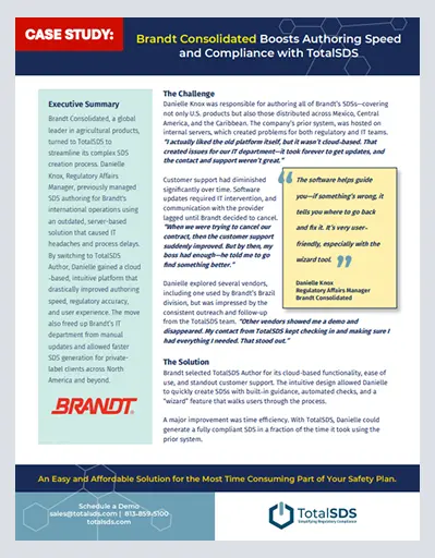 Brandt Consolidated Boosts SDS Authoring Speed and Compliance with TotalSDS Author