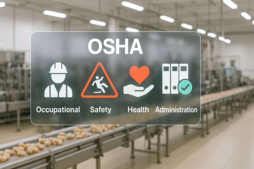 Occupational safety health administration concept in food processing factory icons and text overlay on production line background promoting workplace safety and compliance